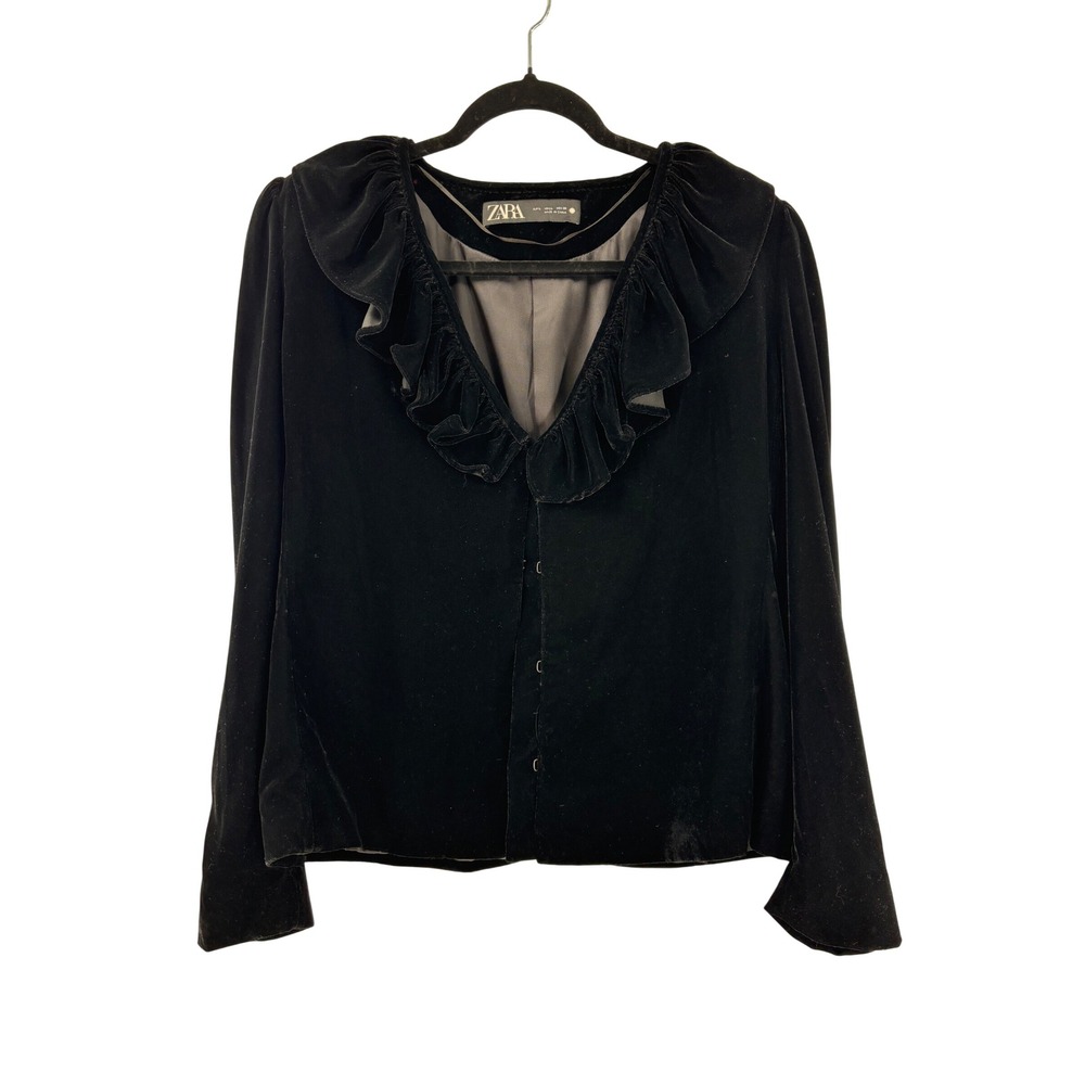 ZARA Black Velvet Button Front Ruffle Neck Long‎ Sleeve Blouse Top Women L